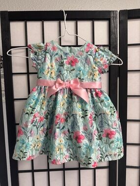 Girls' Floral Lace Party Dress with Pink Satin Bow